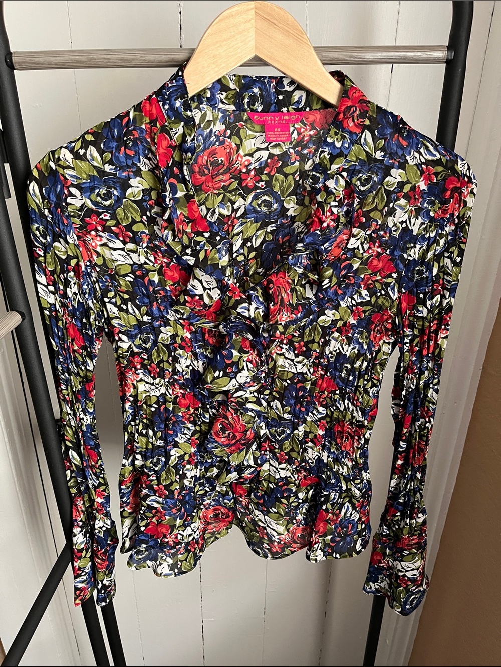 Sunny Leigh Red Navy Floral Ruffle Blouse